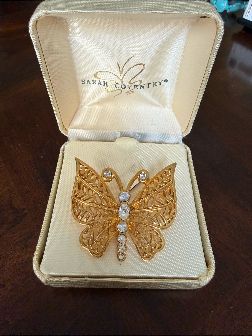 Sarah Coventry Gold Butterfly Brooch with Clear Crystals Vintage